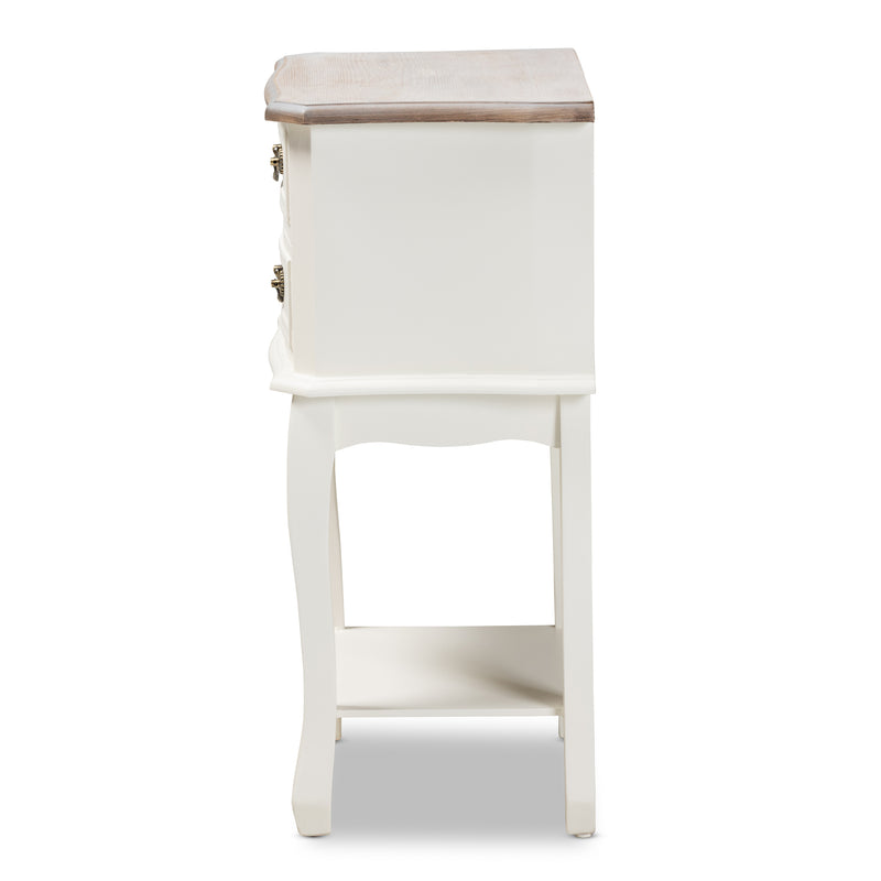 Amalie End Table Antique French Country Cottage Style Two-Tone White and Oak Finish with 2 Drawers for Storage