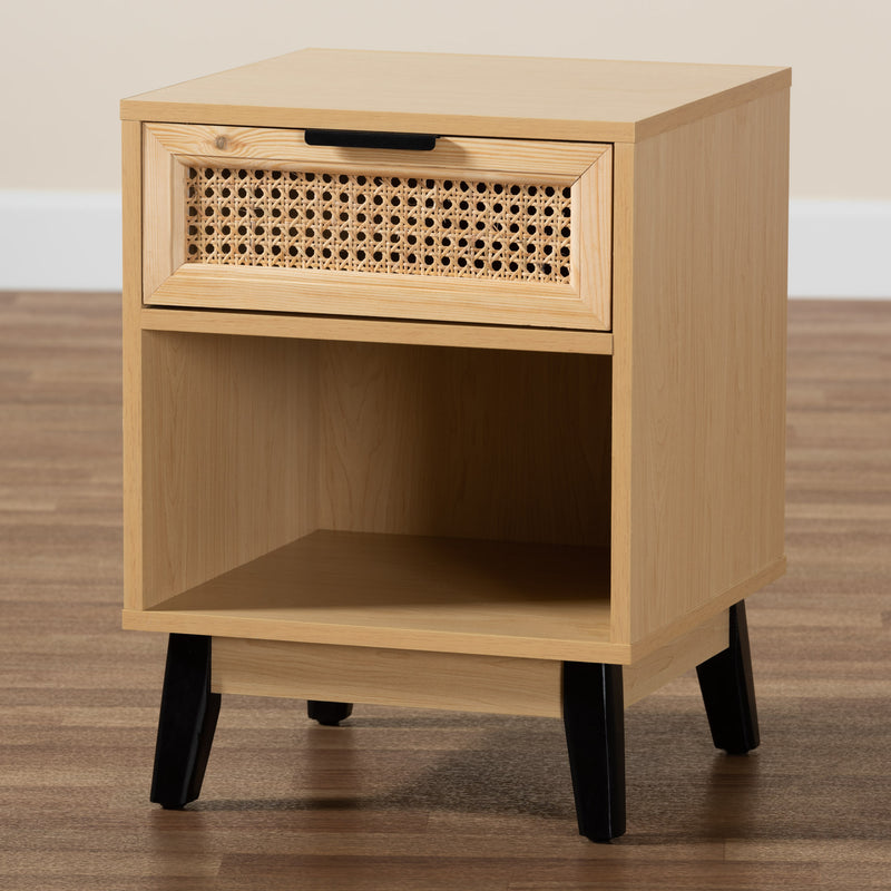 Dacre Mid-Century Modern End Table - Two-Tone Oak Brown and Black Wood with 1 Drawer and Natural Rattan Accent