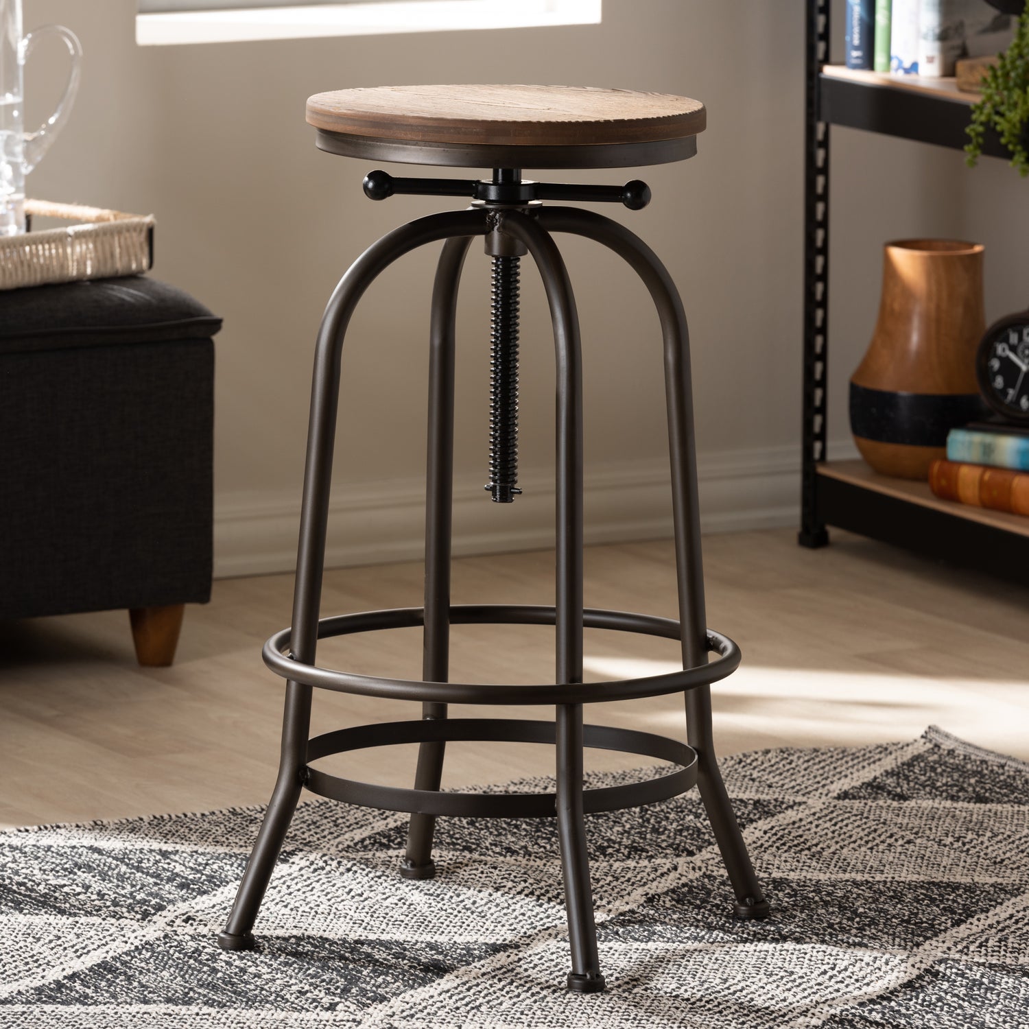 Aline Vintage Rustic Industrial Bar Stool with Adjustable Swivel Seat and Wood-Rust-Finished Steel Frame