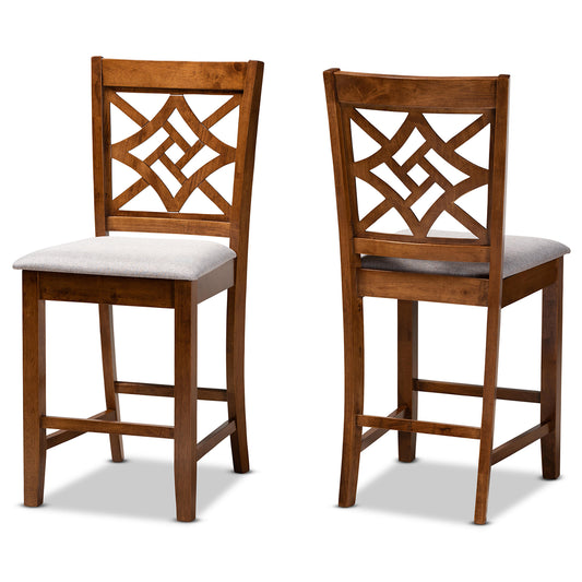 Nicolette Counter Stool Set Modern and Contemporary Grey Fabric Upholstered Walnut Brown Finished Wood 2-Piece