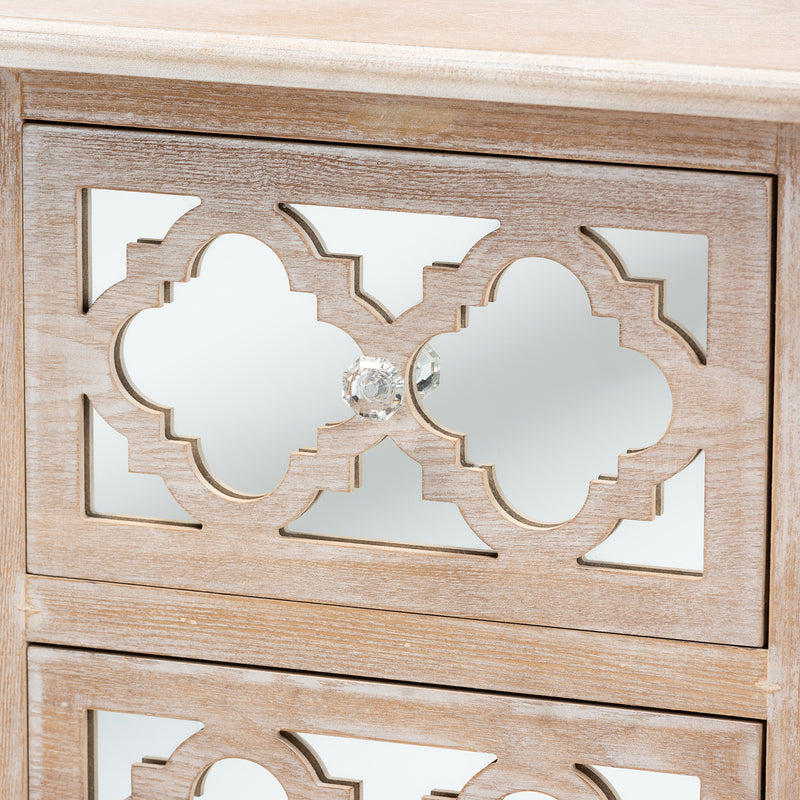 Celia End Table - Rustic French Country Design with White-Washed Wood and Mirror, 2 Drawers and Quatrefoil Accents