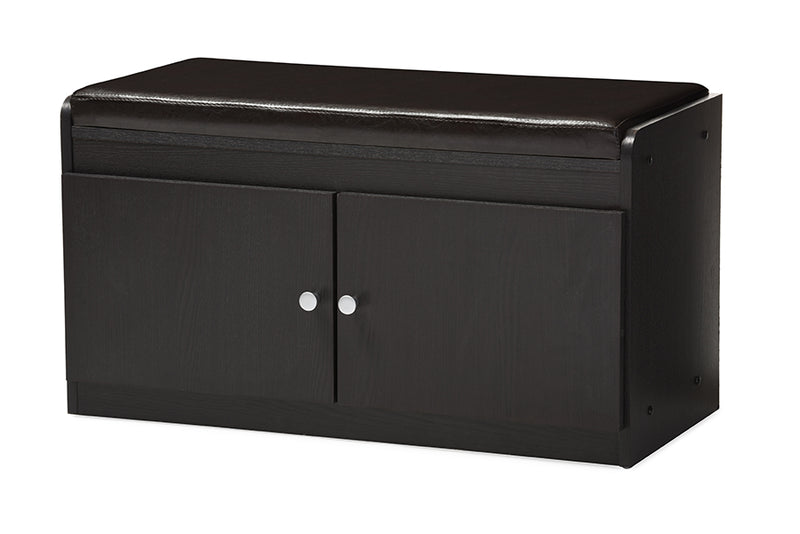 Margaret Shoe Cabinet Modern and Contemporary Dark Brown Wood 2-Door with Faux Leather Seating Bench