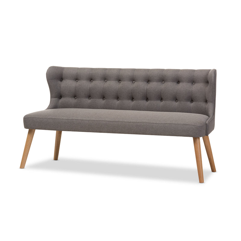 Melody 3-Seater Settee Bench in Mid-Century Modern Style with Grey Fabric and Natural Wood Finish