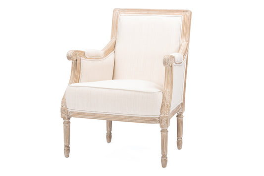 Chavanon Traditional French Accent Chair in Wood and Light Beige Linen for Elegant Home Decor