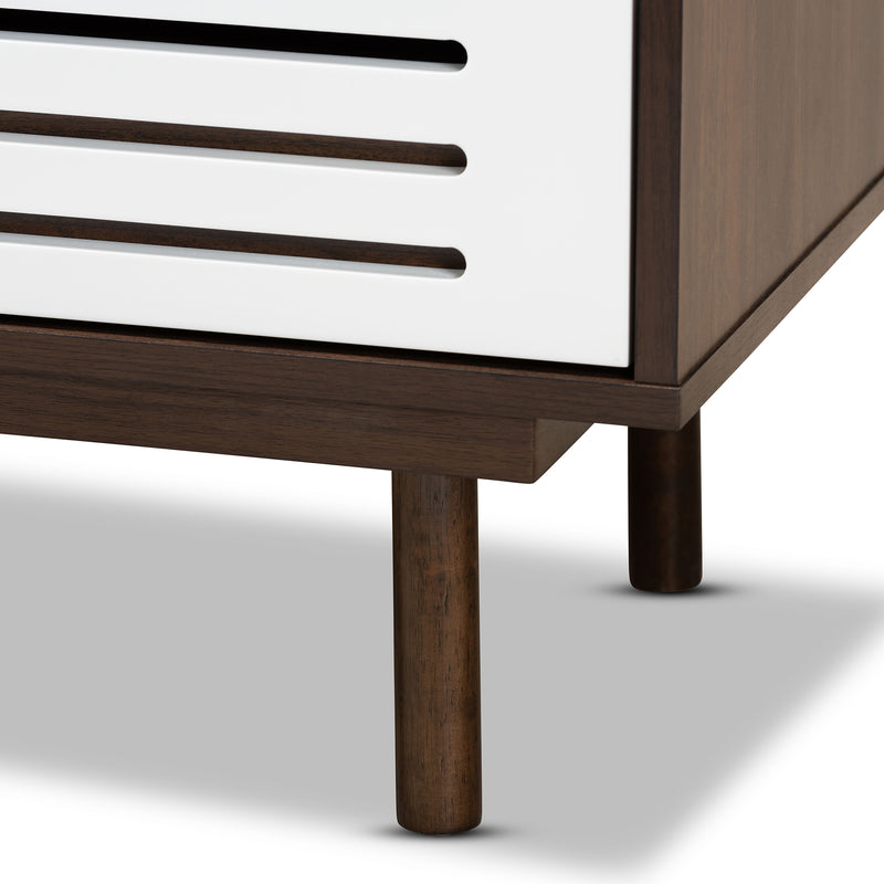 Meike Mid-Century Modern Nightstand - Two-Tone Walnut Brown and White Wood with 3 Drawers for Stylish Bedroom Storage