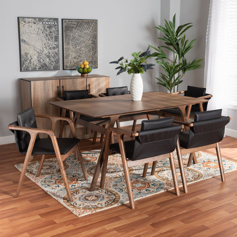 Marcena Dining Set Mid-Century Modern Beige Imitation Leather Upholstered Walnut Brown Finished Wood 7-Piece