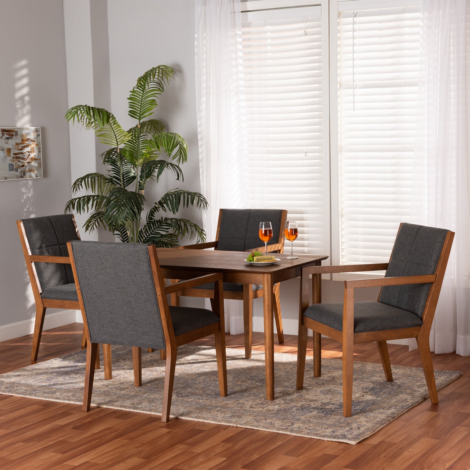 Theresa Dining Set Mid-Century Modern Dark Grey Fabric Upholstered Walnut Brown Finished Wood 5-Piece