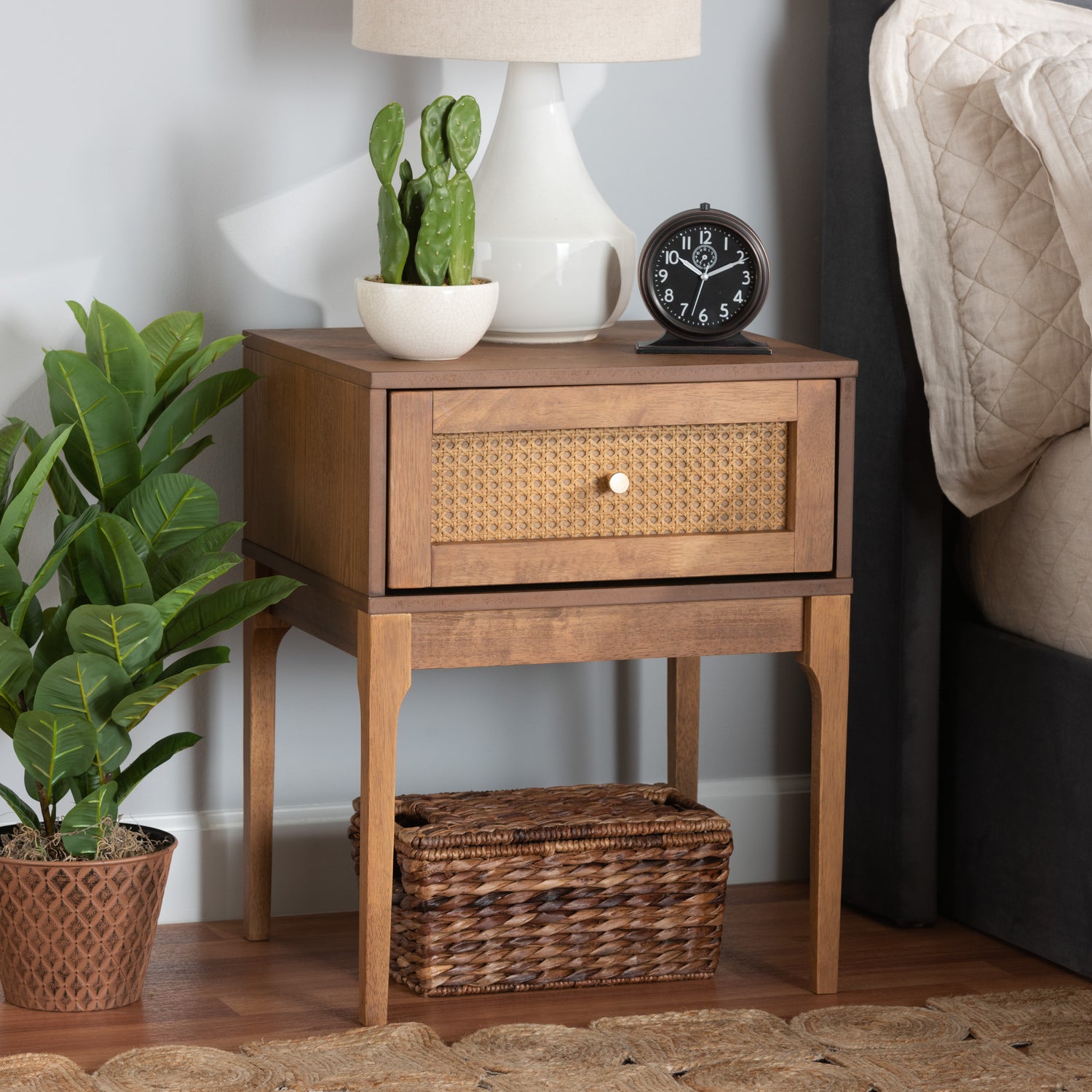 Ramiel Nightstand Mid-Century Modern Design Ash Walnut Finish Wood Rattan with 1 Drawer for Storage