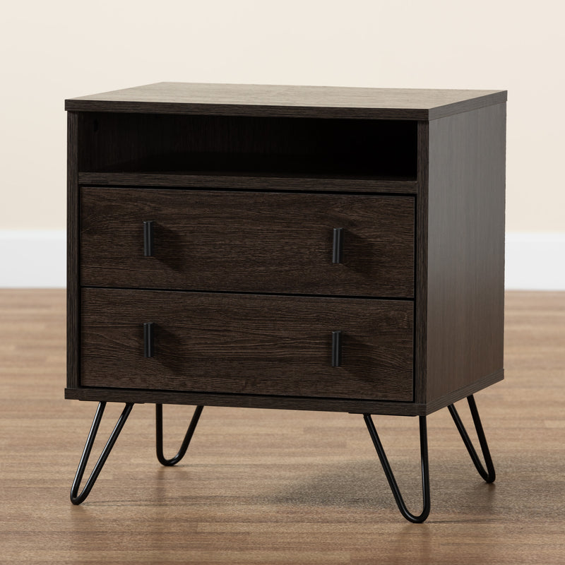 Glover Modern Nightstand Dark Brown Wood with Black Metal Accents Featuring 2 Drawers for Stylish Bedroom Storage