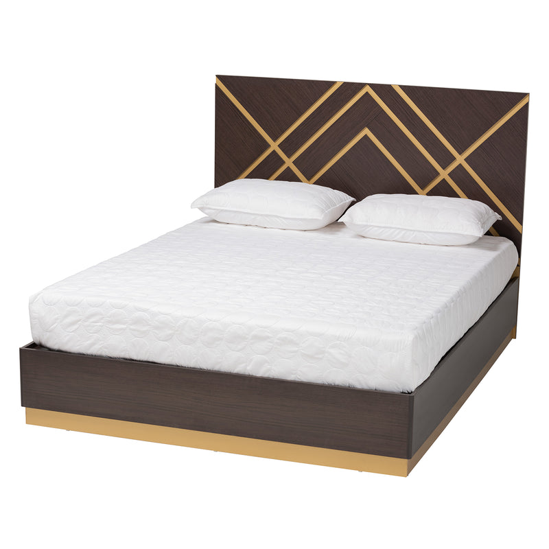 Arcelia Queen Size Bedroom Set Contemporary Glam Luxe 3-Piece Collection in Two-Tone Dark Brown and Gold Finished Wood