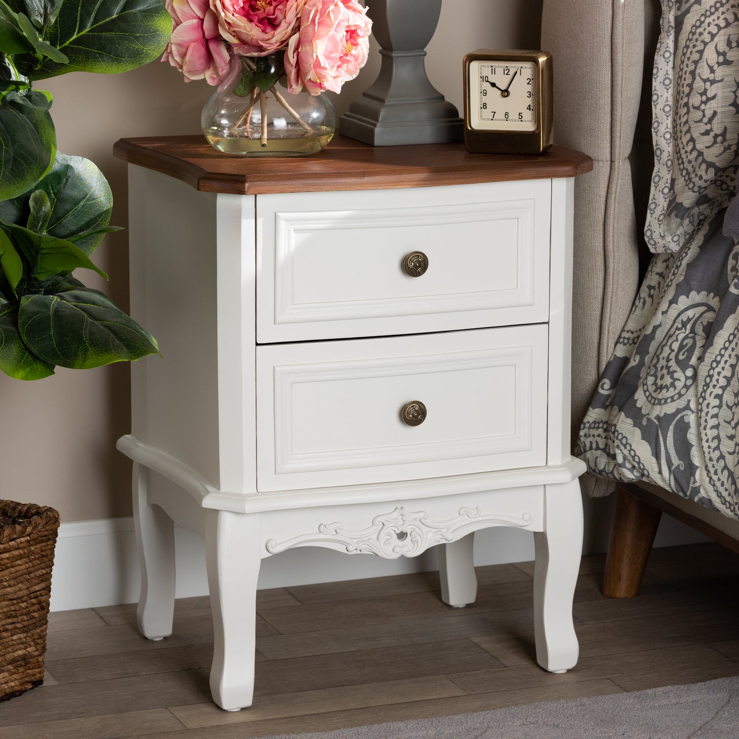 Darlene End Table Classic French Design in White and Cherry Brown Finished Wood with 2 Storage Drawers