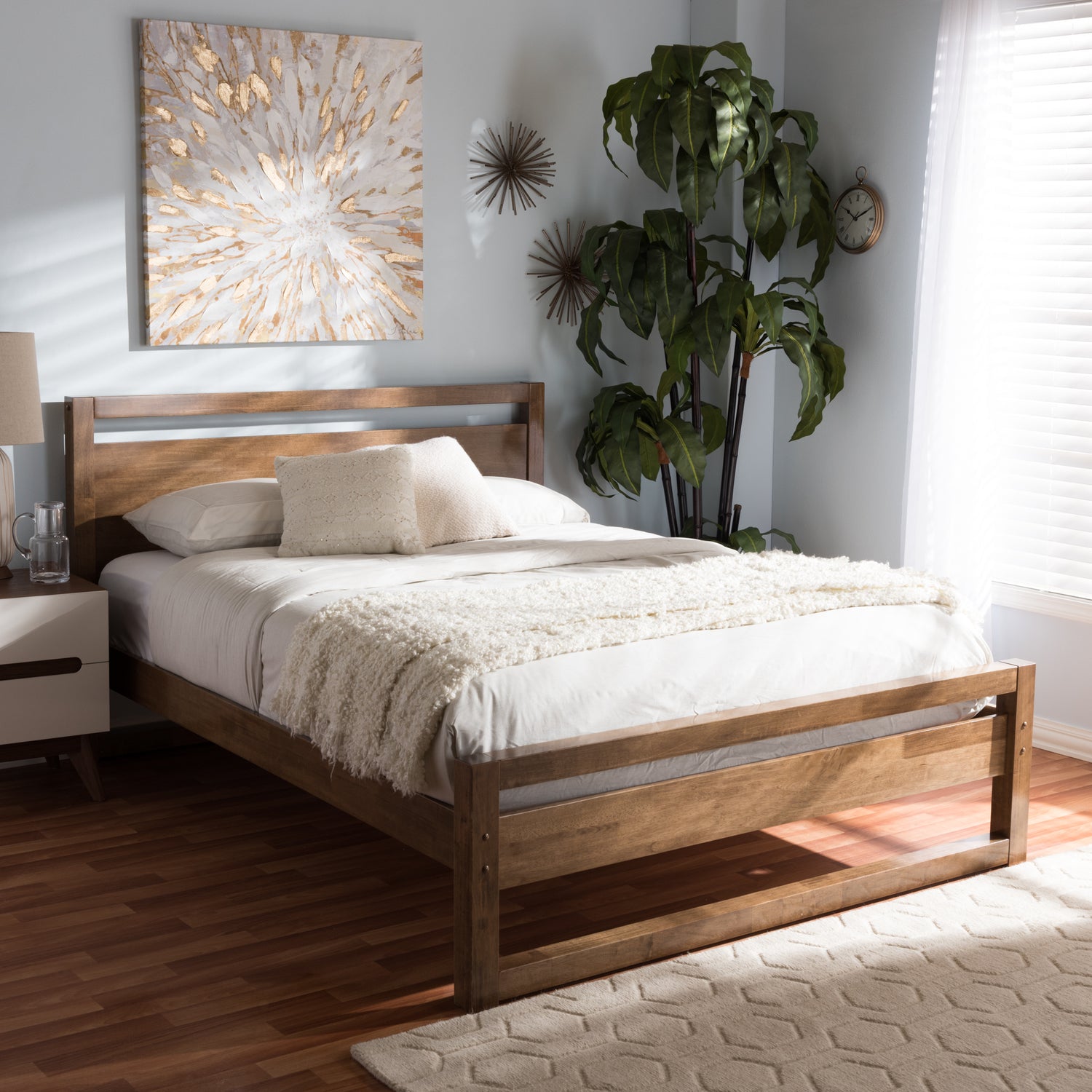 Torino King Size Platform Bed - Mid-Century Modern Solid Walnut Wood Open Frame for Stylish Bedroom Decor