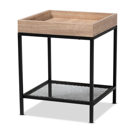 Overton End Table Modern Industrial Design Oak Brown Wood Black Metal Accents