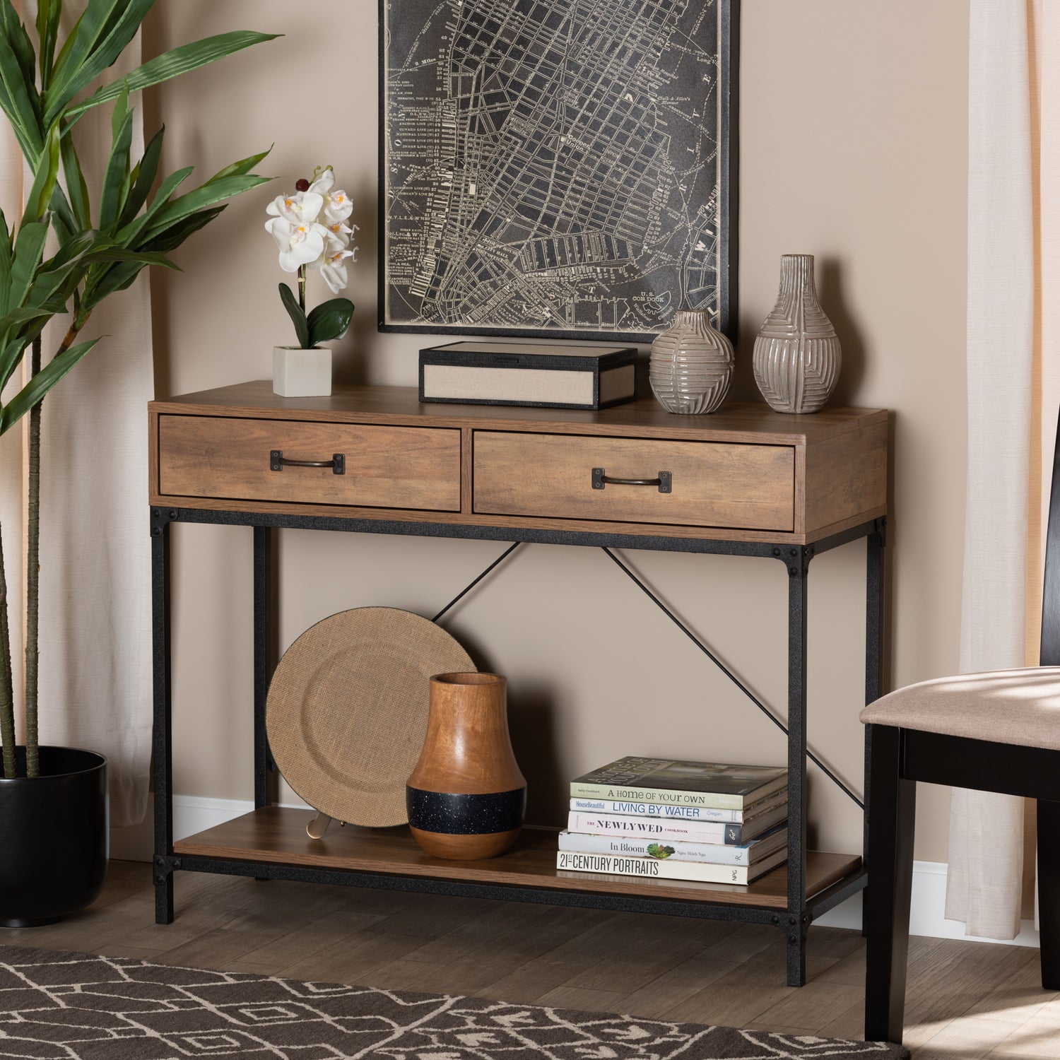 Norwood Console Table Modern Industrial Design with Walnut Brown Wood and Black Metal Featuring 2 Drawers for Storage and Style