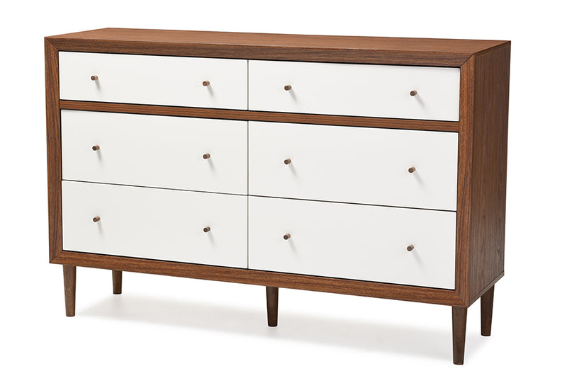 Harlow 6-Drawer Storage Dresser in Mid-Century Modern Style with White and Walnut Finish