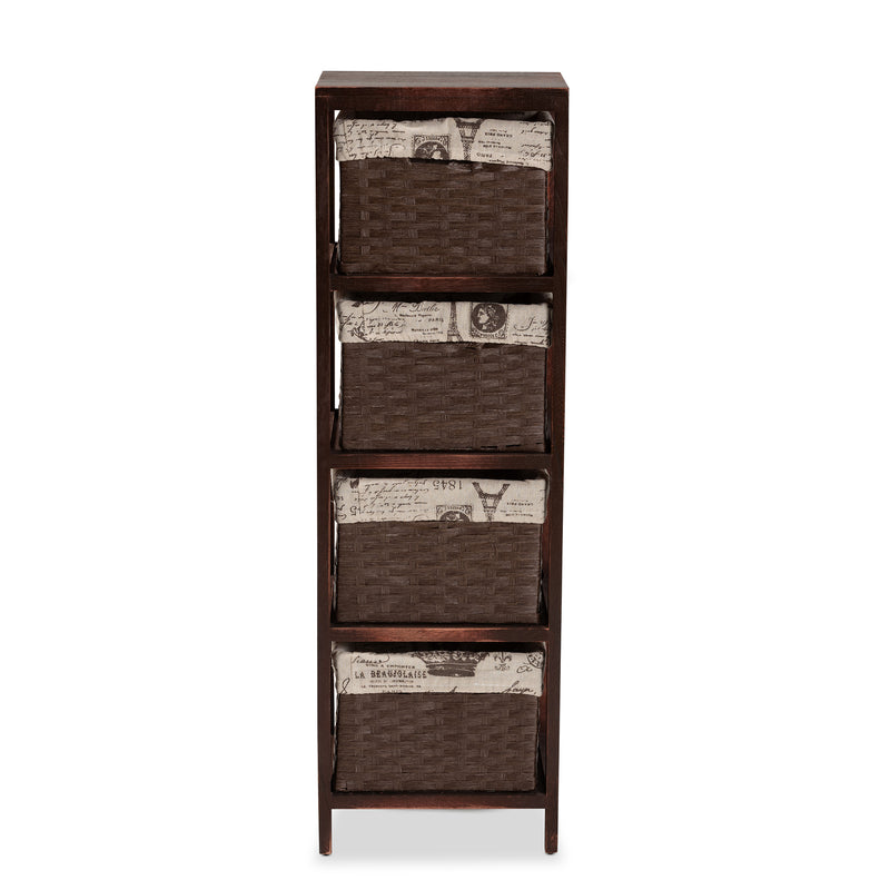 Bosley Storage Unit Modern French Inspired Walnut Brown Wood with 4 Baskets for Stylish Organization and Home Décor