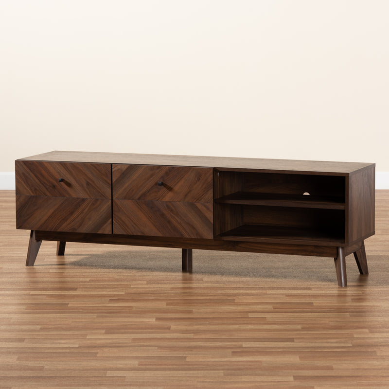 Hartman Mid-Century Modern TV Stand Walnut Brown Wood with Storage and Stylish Design