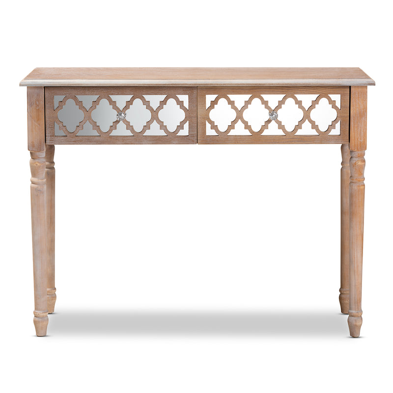 Celia Console Table - Rustic French Country Design with White-Washed Wood and Mirror, 2 Drawers and Quatrefoil Accents