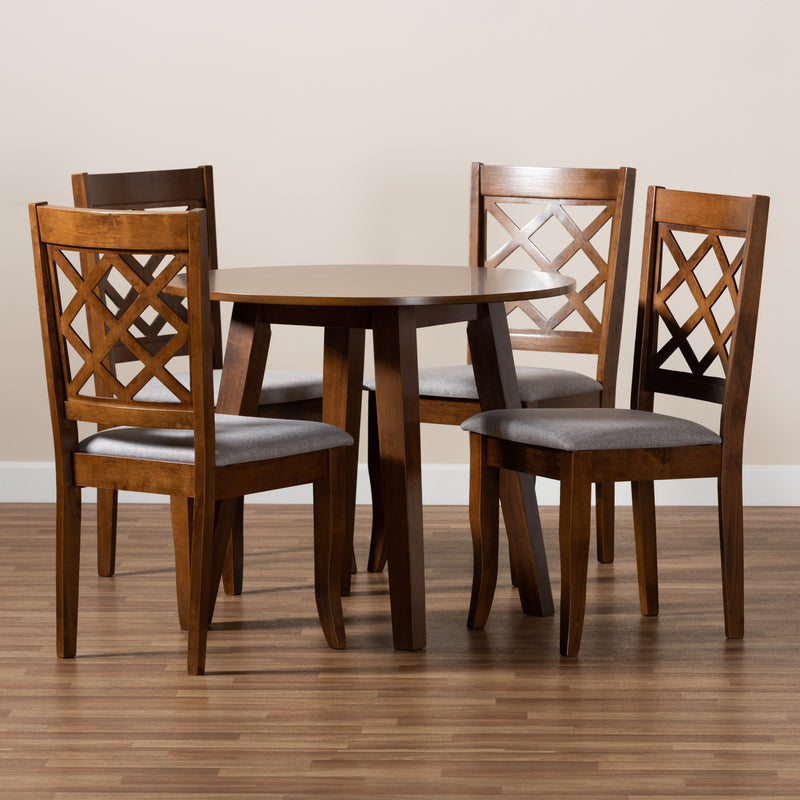 Adara 5-Piece Dining Set Modern Grey Fabric Upholstered Chairs with Walnut Brown Finished Wood Table