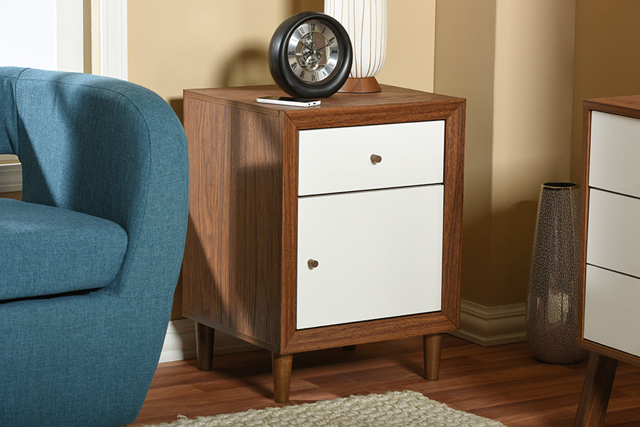 Harlow Nightstand Mid-century Modern Scandinavian Style White and Walnut Wood with 1 Drawer and 1 Door for Stylish Bedroom Storage