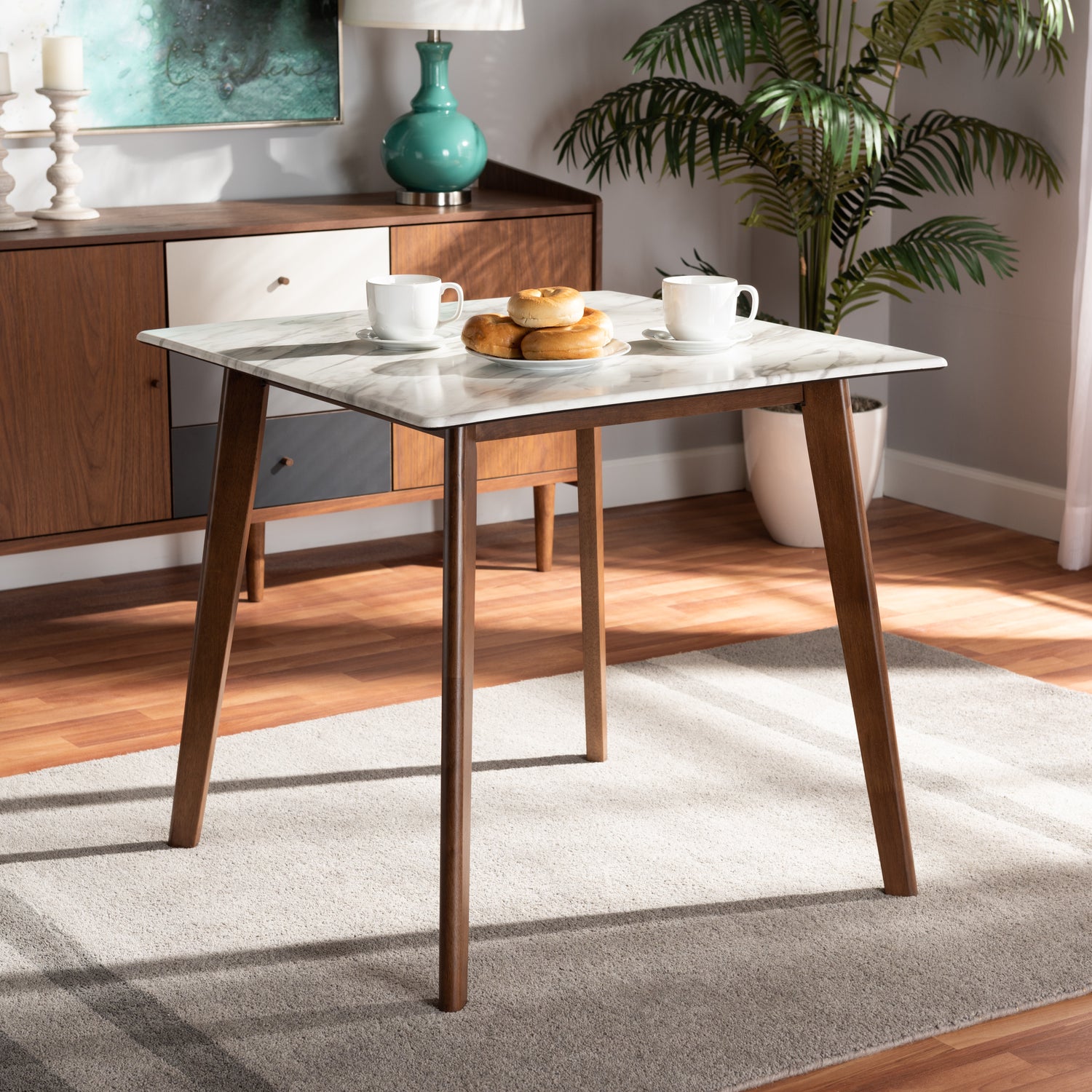 Kaylee Dining Table Mid-Century Modern Design in Walnut Brown Wood with Faux Marble Top for Stylish Dining Spaces