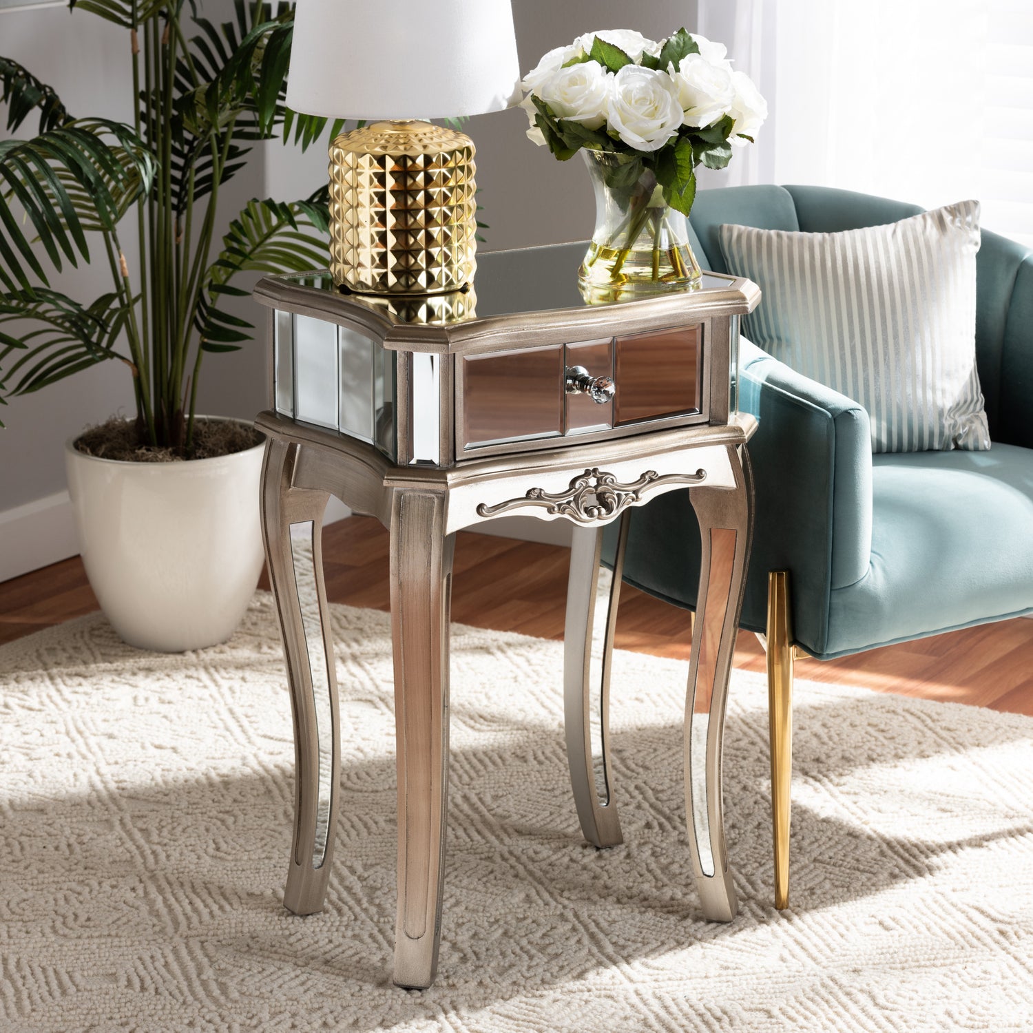 Elgin End Table Contemporary Glam Luxe Design Brushed Silver Finished Wood Mirrored Glass with 1 Drawer for Storage