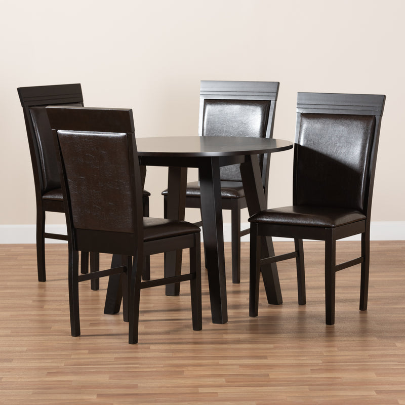 Miya 5-Piece Dining Set Modern Dark Brown Faux Leather Chairs with Dark Brown Finished Wood Table