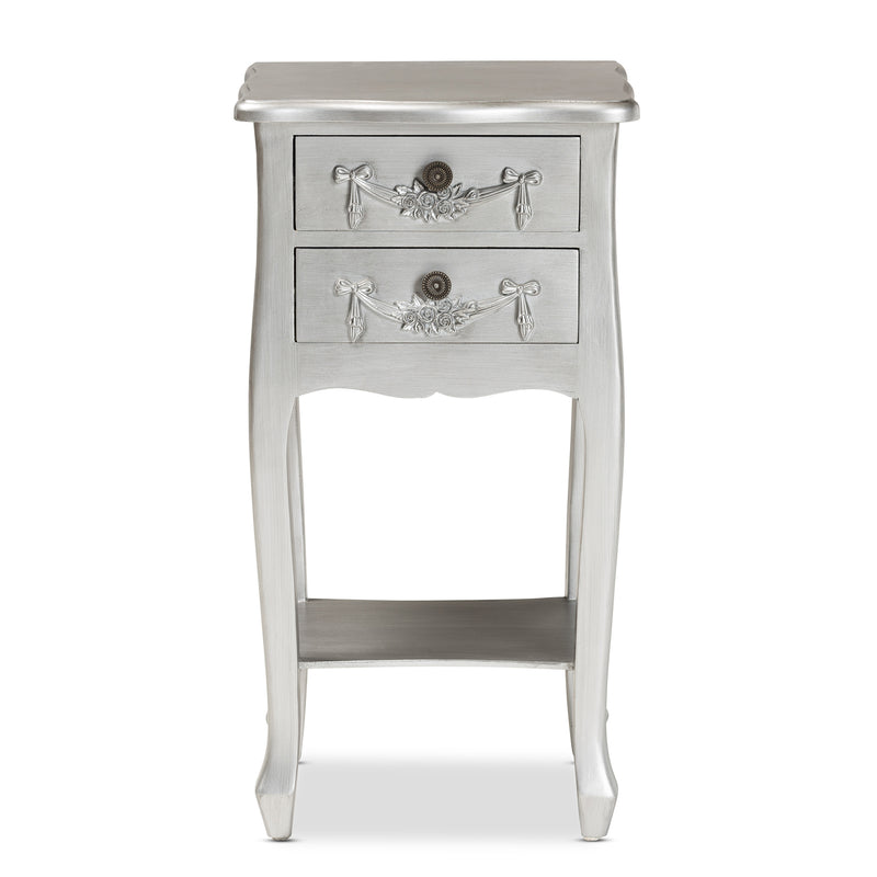 Eliya End Table Classic and Traditional Brushed Silver Finished Wood 2-Drawer