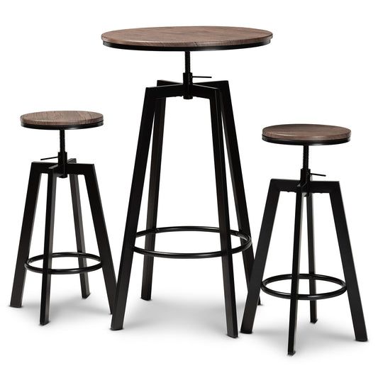 Maritta Bar Pub Set Vintage Industrial Rustic Walnut Wood and Black Metal 3-Piece Height Adjustable Dining Furniture for Home or Kitchen