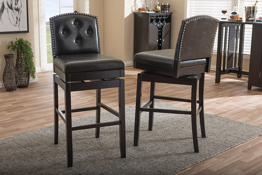 Ginaro Bar Stool Modern and Contemporary Dark Brown Faux Leather Button-tufted Upholstered Swivel (Set of 2)