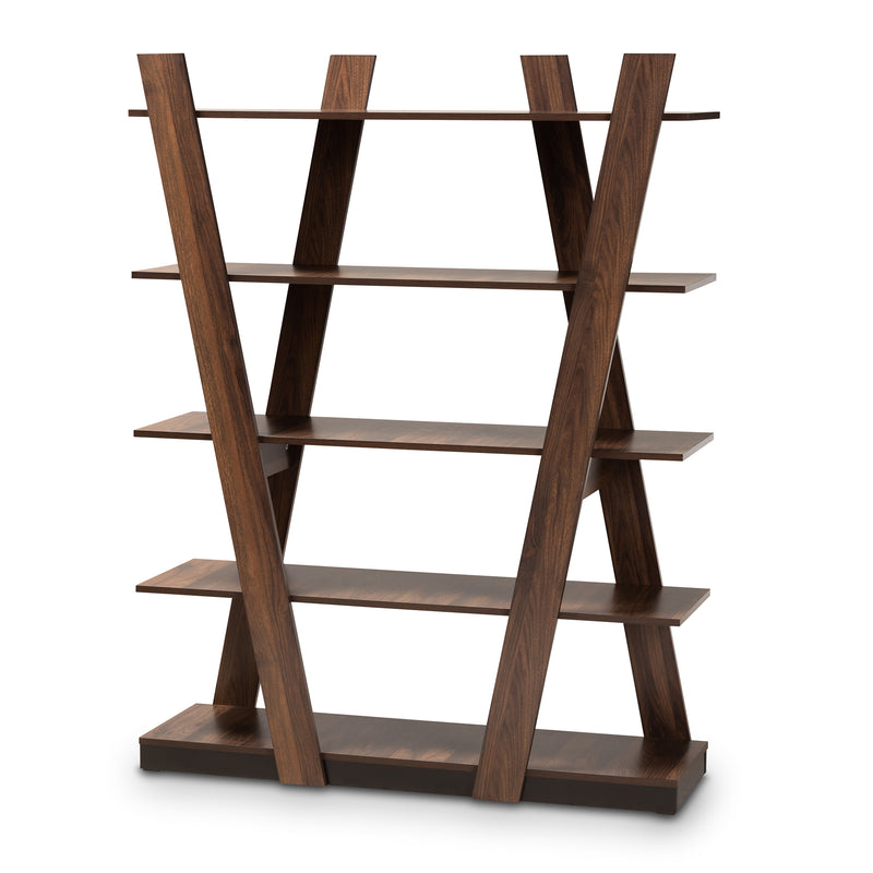 Michio 5-Tier Wood Display Shelf Modern Walnut Brown Geometric Design for Living Room Storage and Decoration