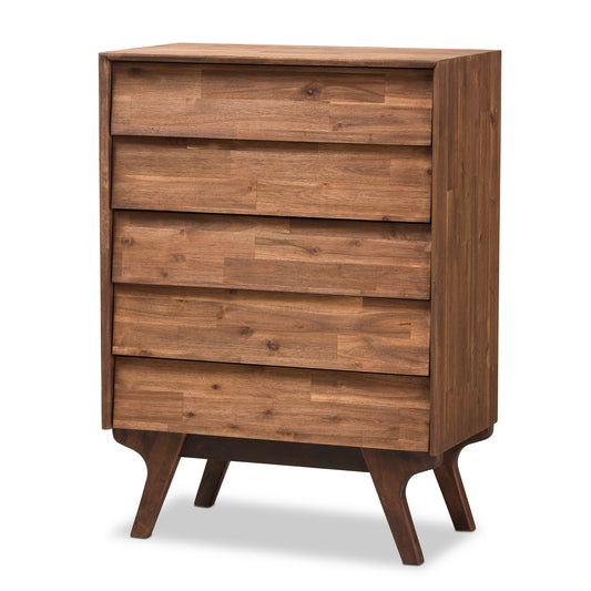 Sierra Mid-Century Modern Chest - 5-Drawer Brown Wood Storage Unit for Bedroom or Living Room