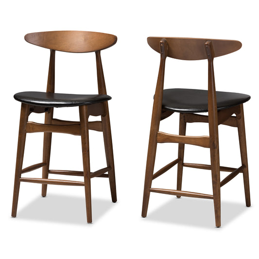 Flora Counter Stool Set of 2 Mid-Century Modern Black Faux Leather with Walnut Finished Legs