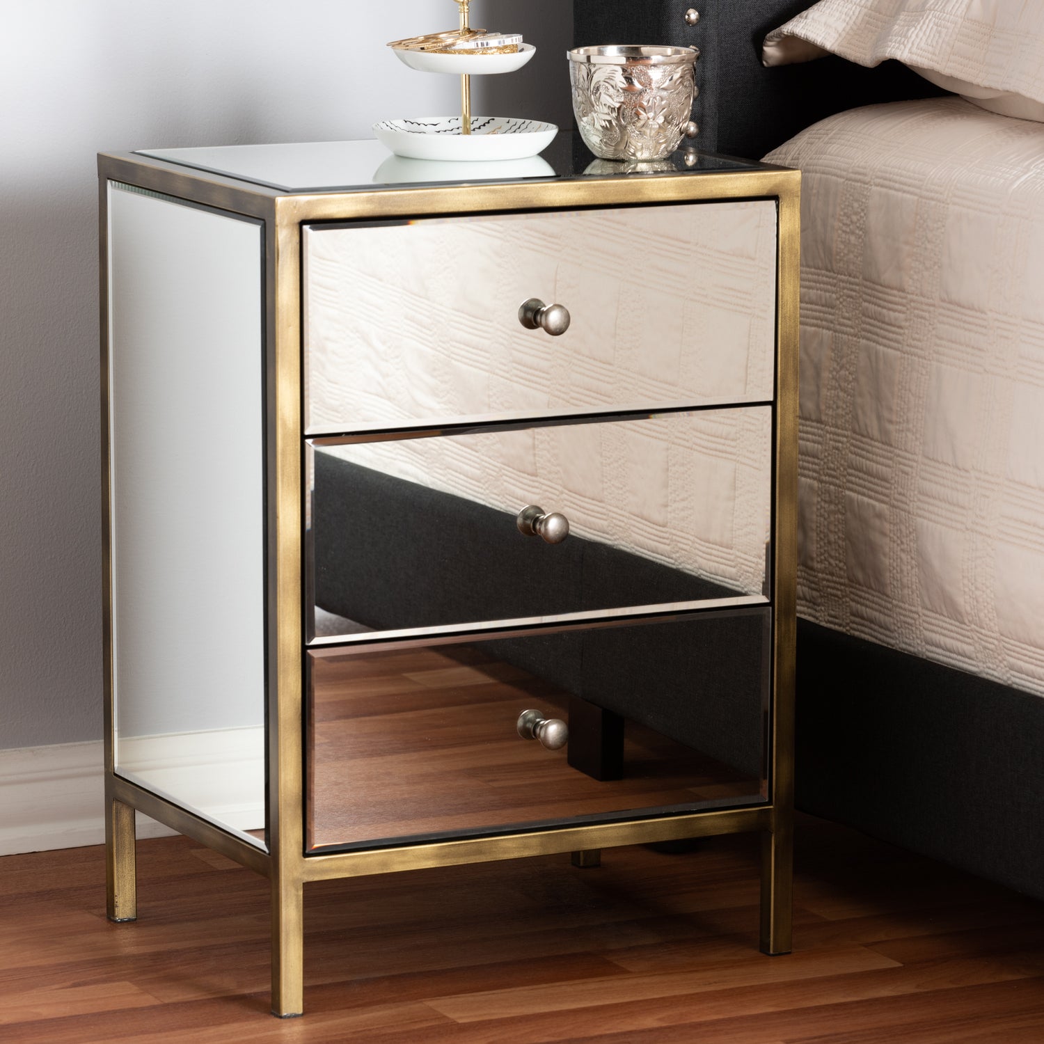 Nouria Mirrored End Table Modern Contemporary Hollywood Regency Glamour with 3 Drawers for Elegant Bedroom or Living Room Storage