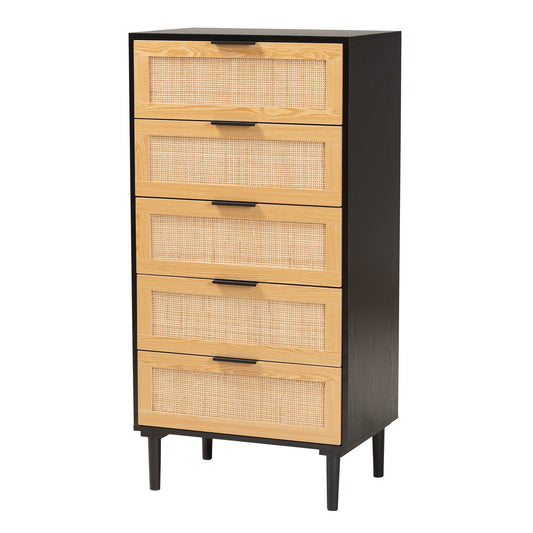 Maureen Storage Cabinet Mid-Century Modern Espresso Brown Wood and Rattan 5-Drawer Organizer for Stylish Home Décor and Storage Solutions