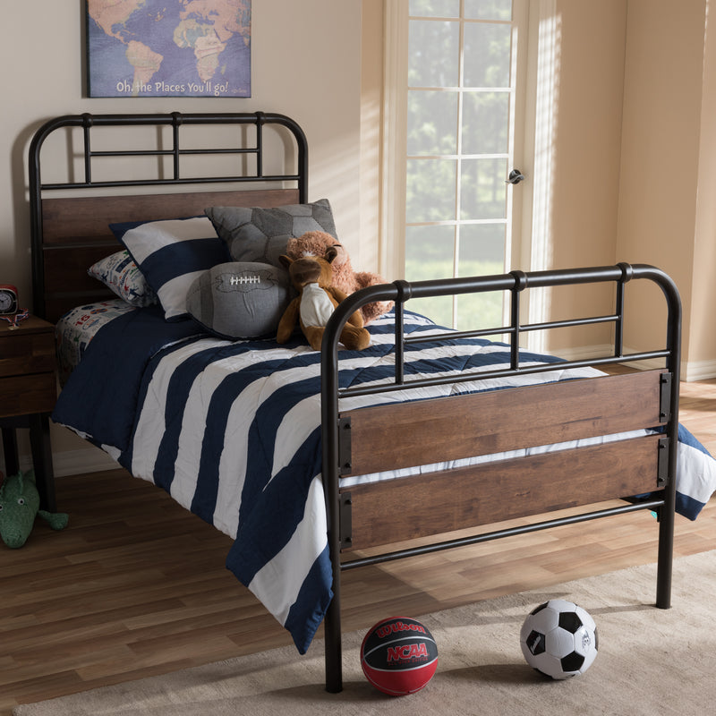 Monoco Twin Size Platform Bed Rustic Industrial Design with Black Metal and Coco Brown Wood