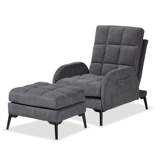 Belden Recliner Chair and Ottoman Set in Modern Contemporary Grey Velvet Fabric and Black Metal