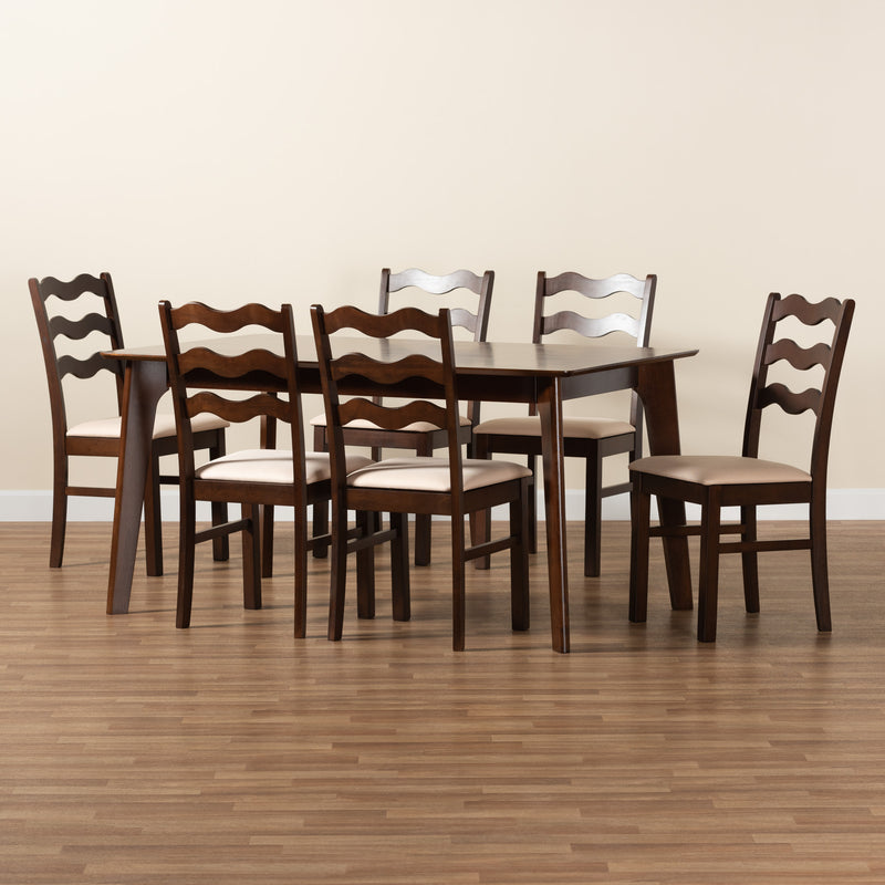 Amara Dining Set Mid-Century Modern 7-Piece Cream Fabric and Dark Brown Wood Collection for Stylish Dining Rooms