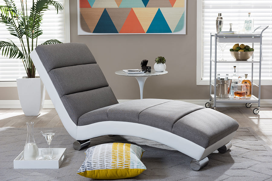 Percy Chaise Lounge Modern Grey Fabric with White Faux Leather Upholstery, Stylish Seating for Living Room or Bedroom