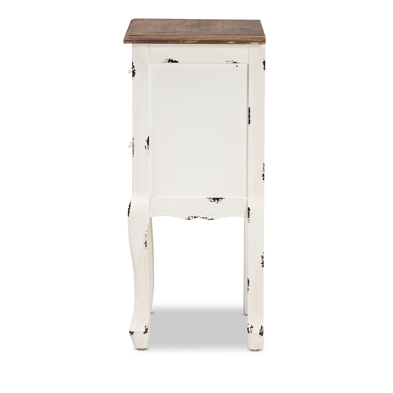 Levron End Table Classic Two-Tone Walnut Brown and Antique White Wood with 2 Drawers for Living Room or Bedroom Storage