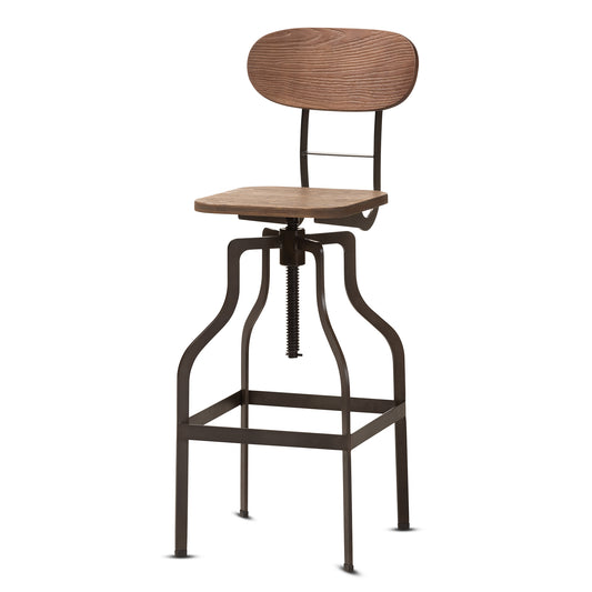 Varek Adjustable Swivel Bar Stool Vintage Rustic Industrial Style with Wood and Rust-Finished Steel Design