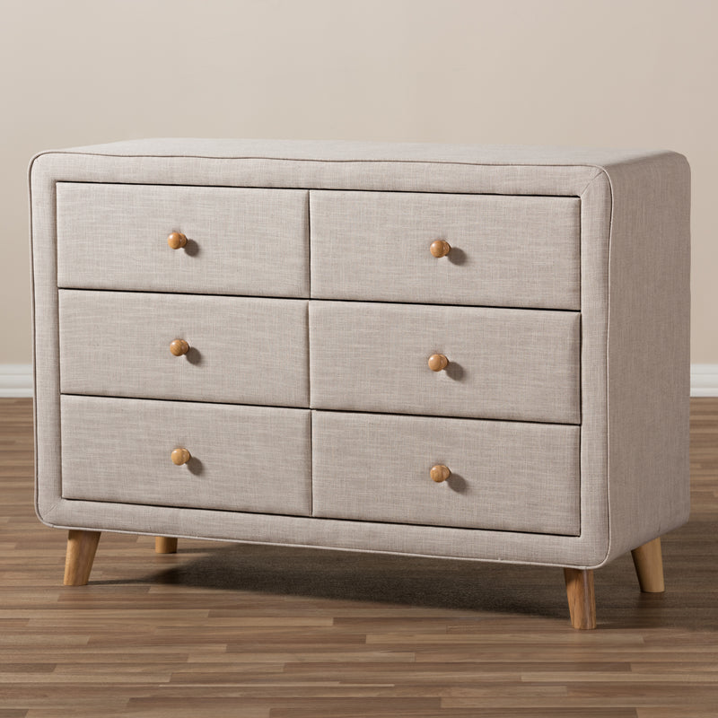 Jonesy Dresser - Mid-Century Beige Linen Upholstered 6-Drawer