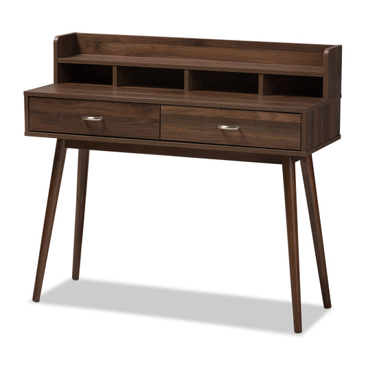 Disa Mid-Century Modern Desk Walnut Brown Finished 2-Drawer Writing Table for Home Office or Study