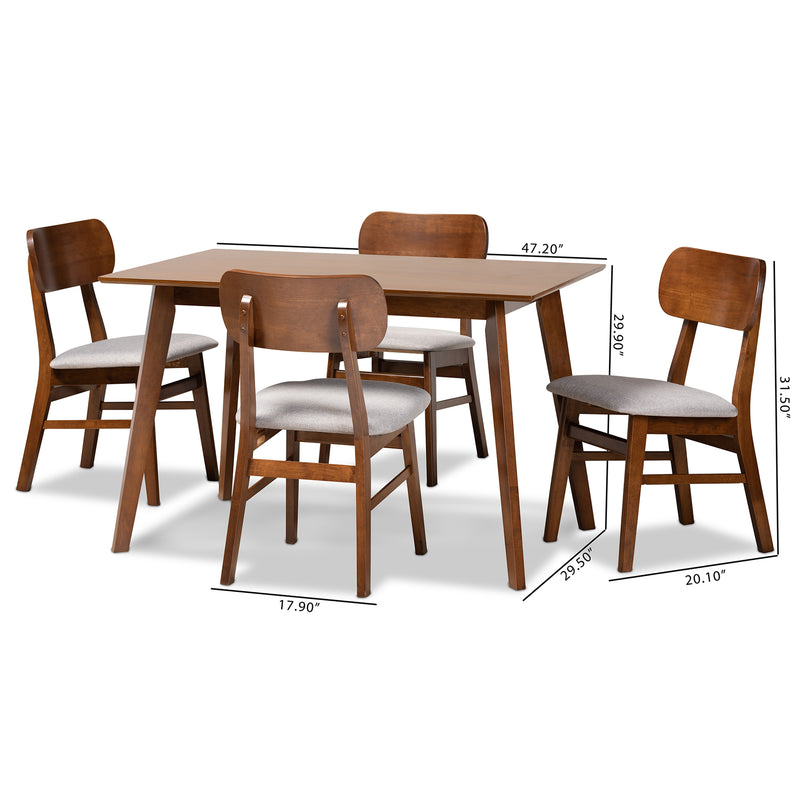 Euclid Dining Set Mid-Century Modern Grey Fabric Upholstered Walnut Brown Finished Wood 5-Piece