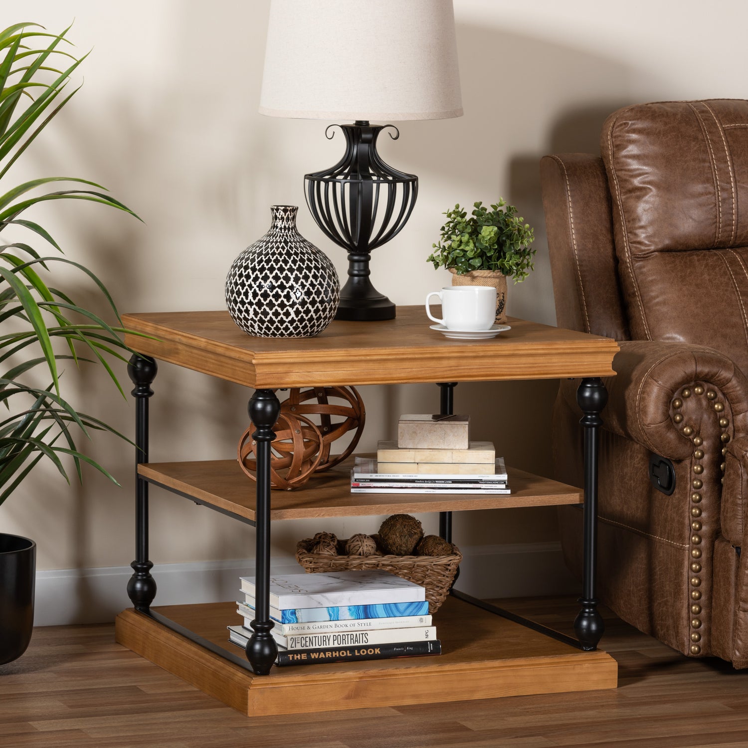 Sebastian End Table Traditional Industrial Oak Brown Finished Wood and Black Metal 3-Tier