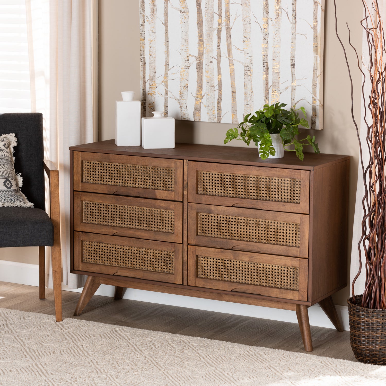 Barrett Mid-Century Modern Dresser Walnut Brown Finished Wood with Synthetic Rattan 6-Drawer Storage for Stylish Bedrooms