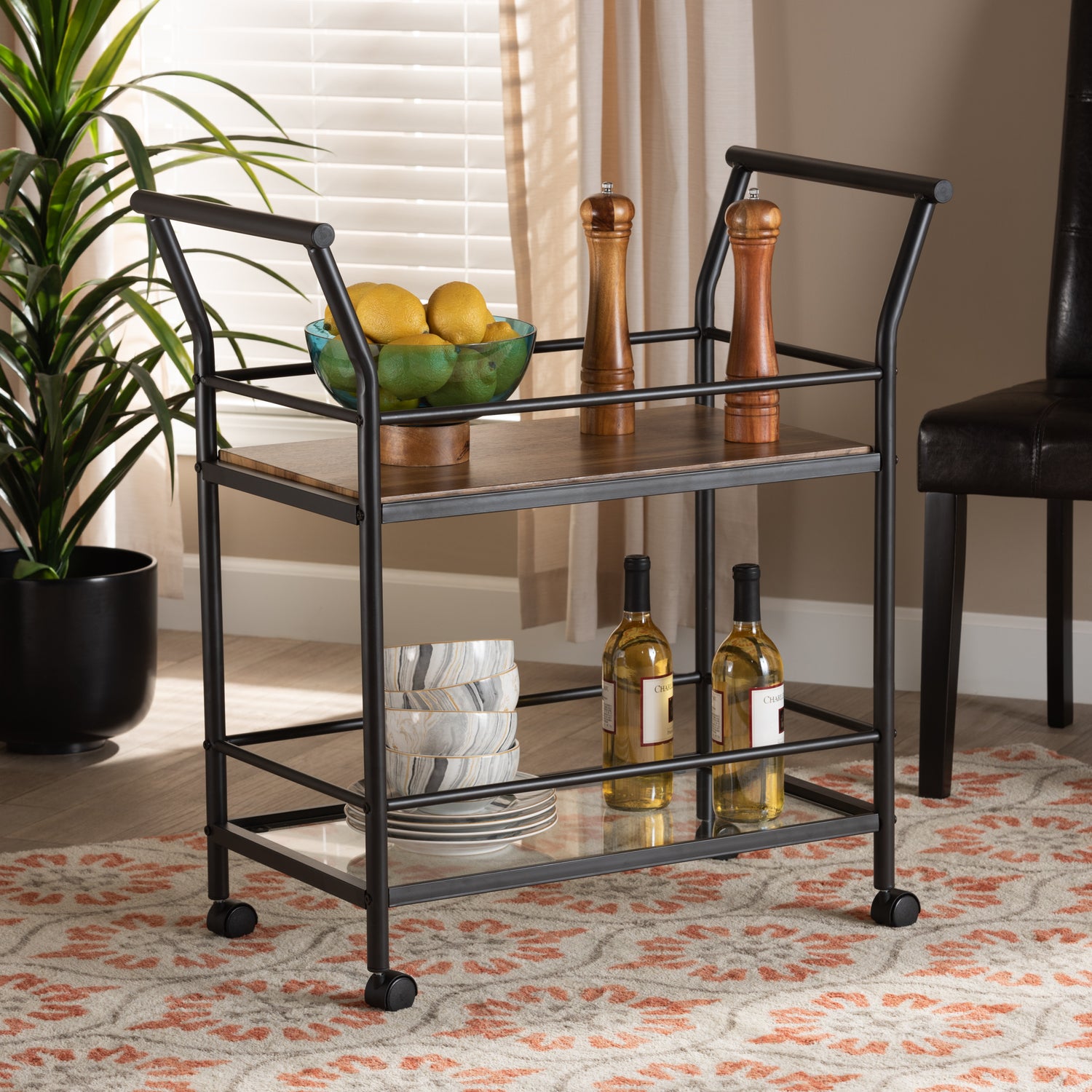 Valora Mobile Wine Cart - Industrial Rustic Walnut Wood and Black Metal 2-Tier Design for Stylish Storage and Serving