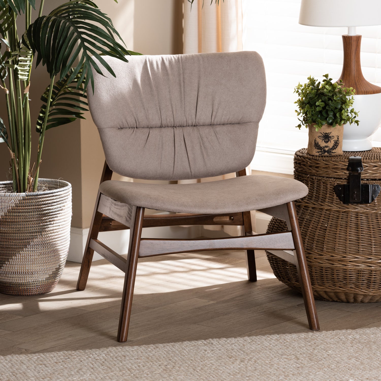 Benito Accent Chair Mid-Century Modern Design in Beige Fabric Upholstery with Walnut Brown Wood Frame