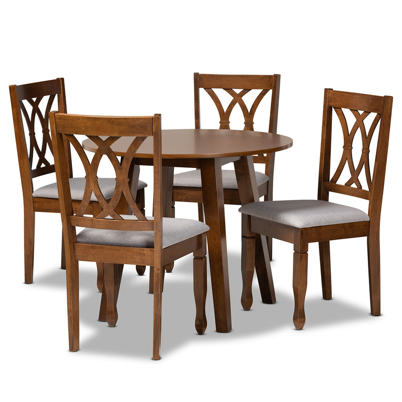 Leon Dining Set: Modern 5-Piece Grey Fabric Upholstered Dining Table with Walnut Brown Finished Wood Chairs