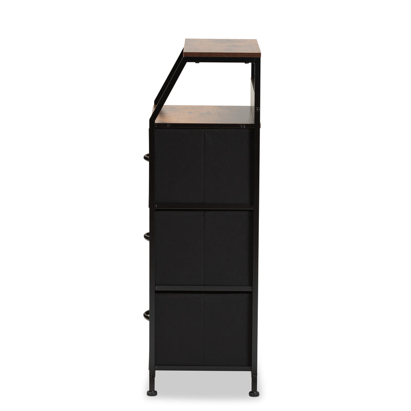 Jacop Modern Industrial 3-Drawer Storage Cabinet in Walnut Brown Wood and Black Metal for Stylish Organization